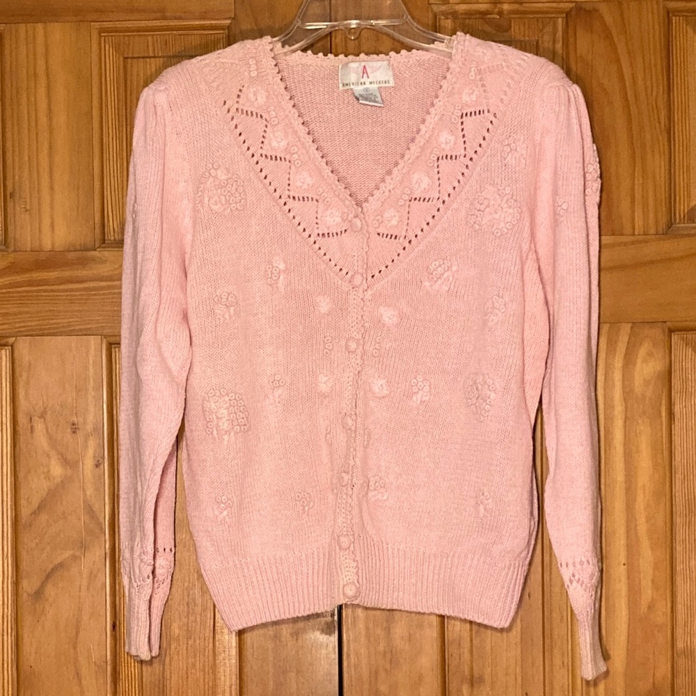 NWOT American Weekend Vintage 80s Embroidered V-Neck Sweater Pink Size S Small